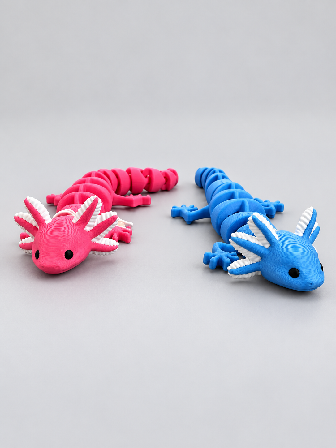 Pink and blue articulated axolotl pair low angle