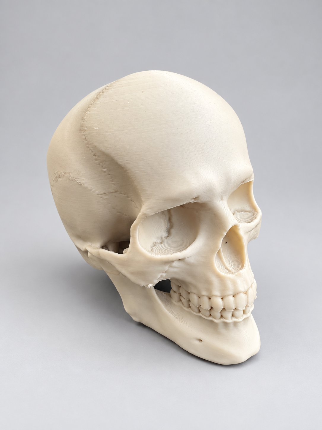 Anatomical skull ornament in Bone on a soft grey studio background