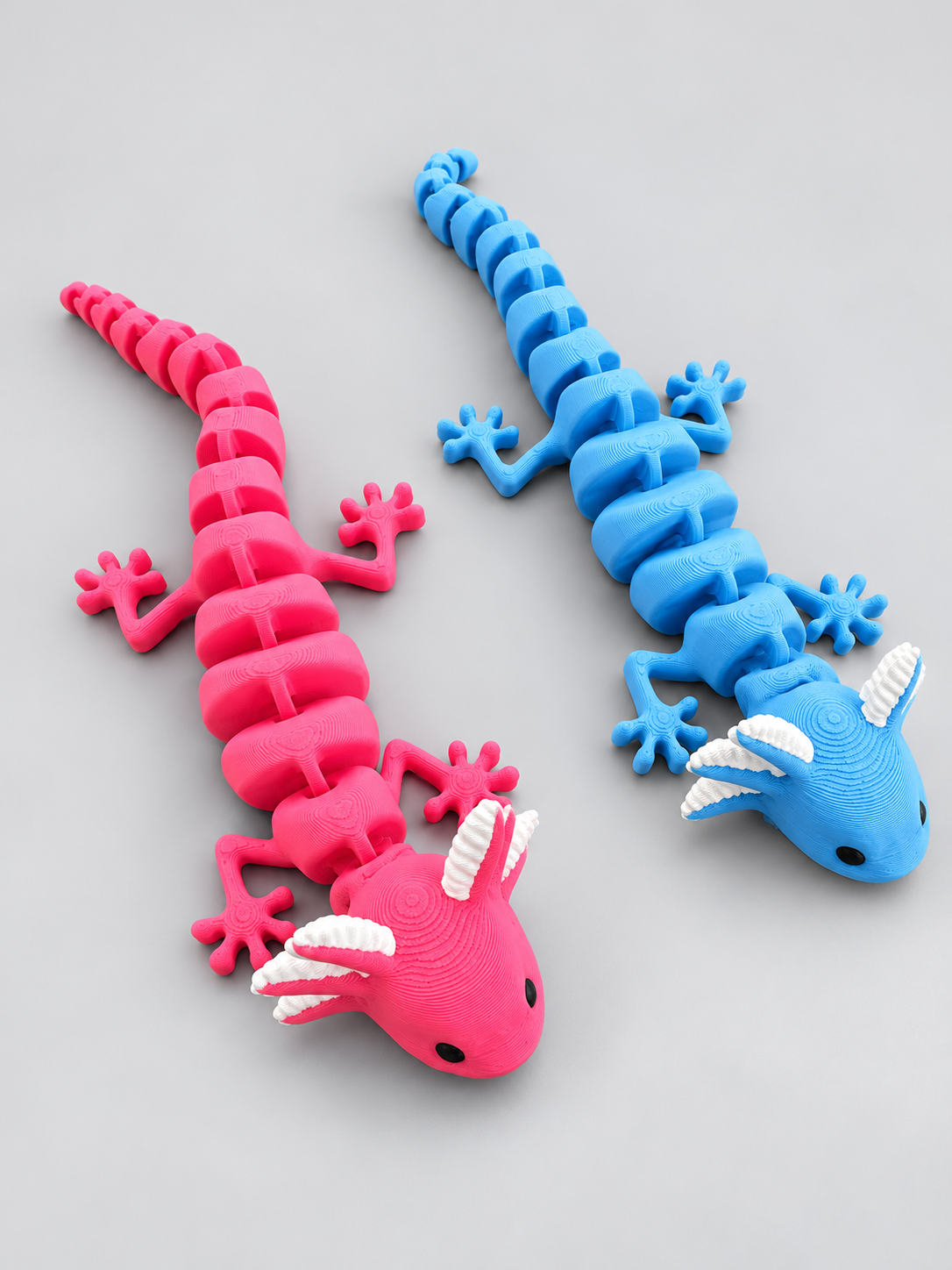 Pink and blue articulated axolotl pair angled view