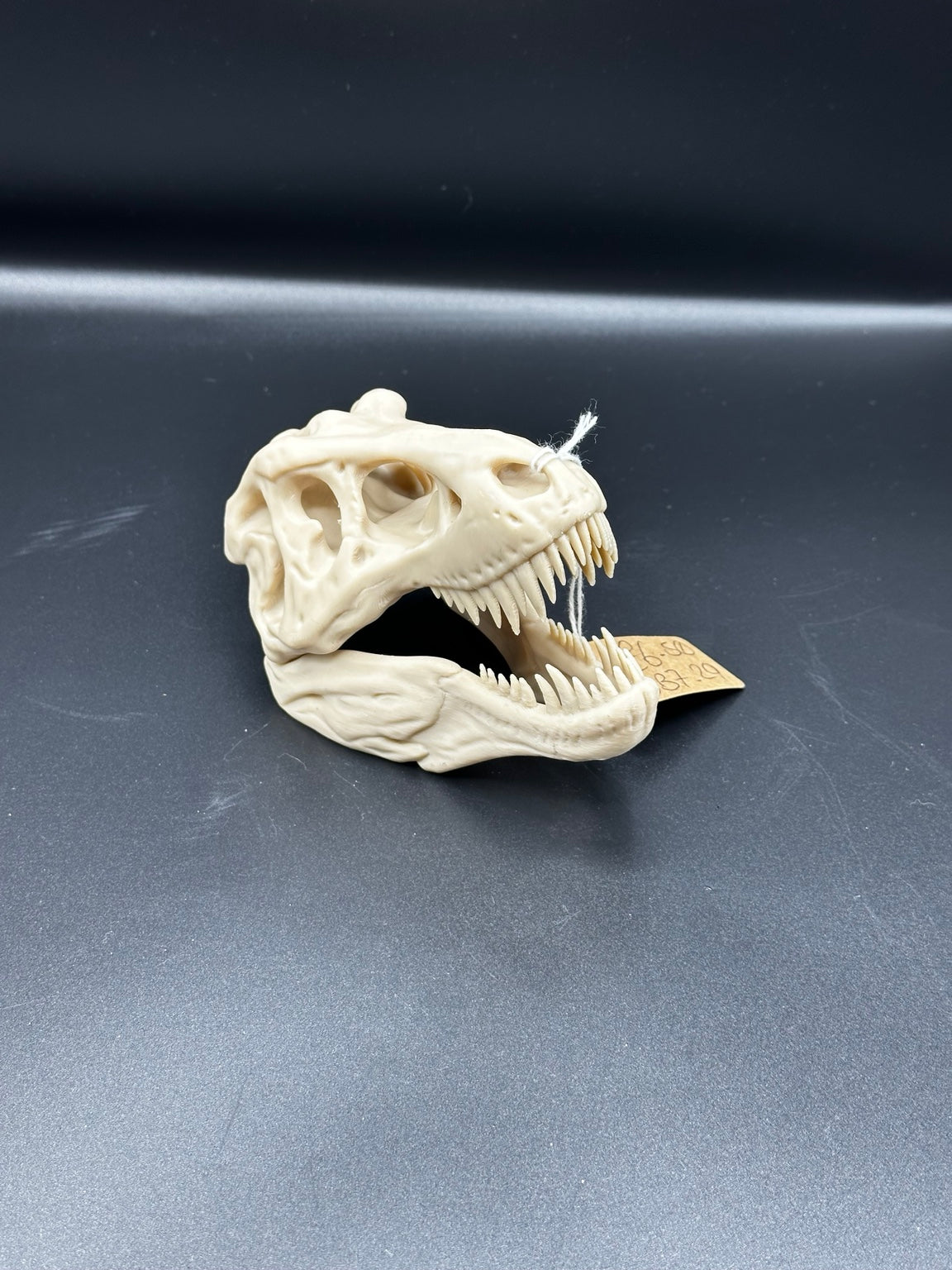 Small 3D-printed T-Rex skull ornament with open jaw
