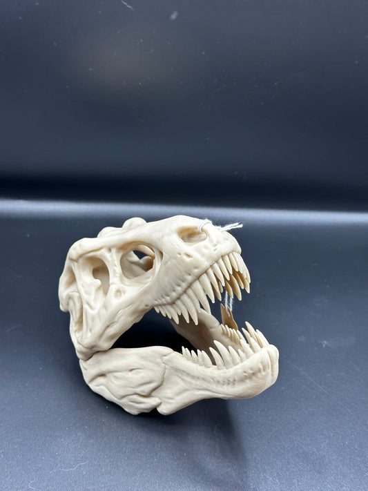 Large 3D-printed T-Rex skull ornament with open jaw