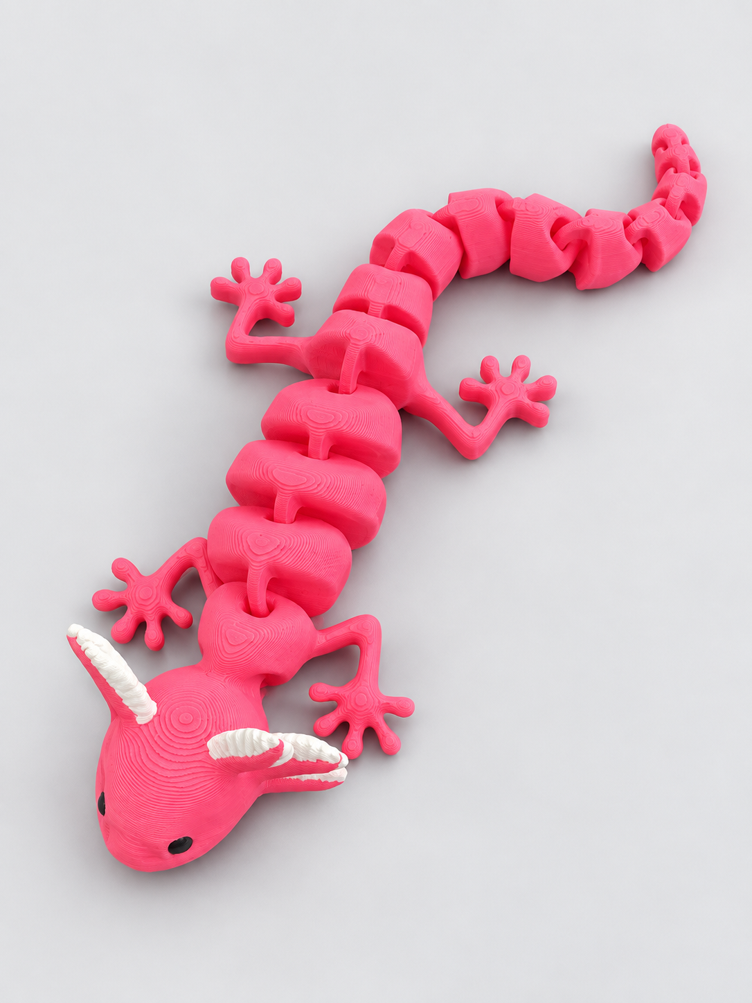 Pink articulated axolotl overhead view